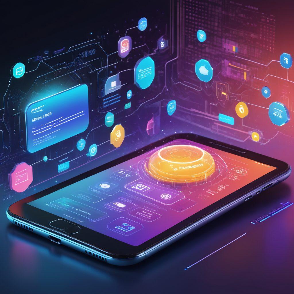 A futuristic digital landscape showcasing various insurance tools and resources like mobile apps, computer interfaces, and chatbots in vibrant colors. Include visual representations of digital contracts and user-friendly data analytics. Incorporate elements symbolizing optimal coverage and security, such as shields or locks. The scene should exude innovation and technology in the insurance sector. super-realistic. vibrant colors. 3D.