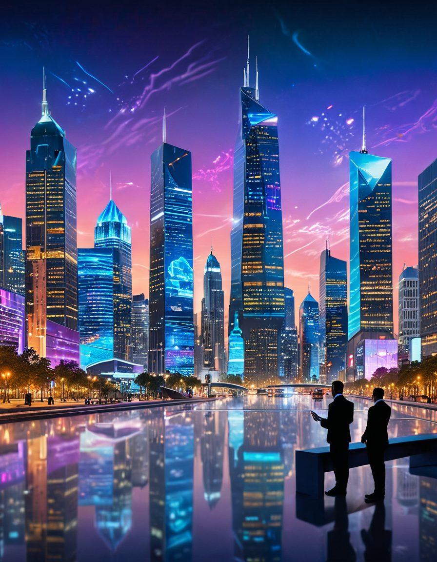 A futuristic city skyline with digital overlays representing web services and data flow, showcasing an insurance advisor with clients looking at a holographic insurance policy. Include symbols of security like locks and shields integrated into the design, with an optimistic and technology-driven atmosphere. vibrant colors. super-realistic.