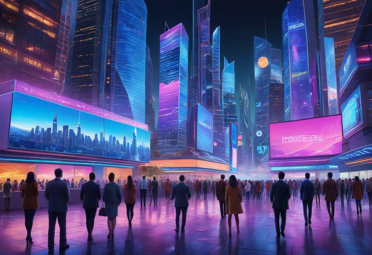 A futuristic city skyline with digital screens displaying various insurance options and financial data, highlighting the integration of technology and finance. In the foreground, a diverse group of people interacting with holographic interfaces, showcasing digital insurance solutions that protect their financial interests. The setting is vibrant, with neon lights and modern architecture symbolizing innovation. super-realistic. vibrant colors. 3D.